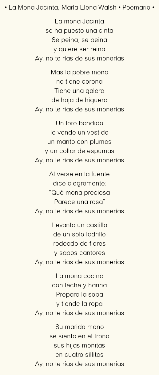 Imagen con el poema La Mona Jacinta, por María Elena Walsh