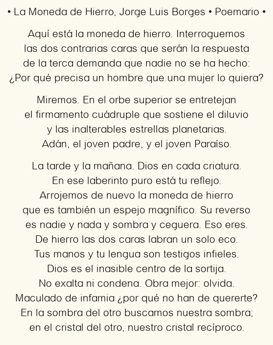 Imagen con el poema La Moneda de Hierro, por Jorge Luis Borges