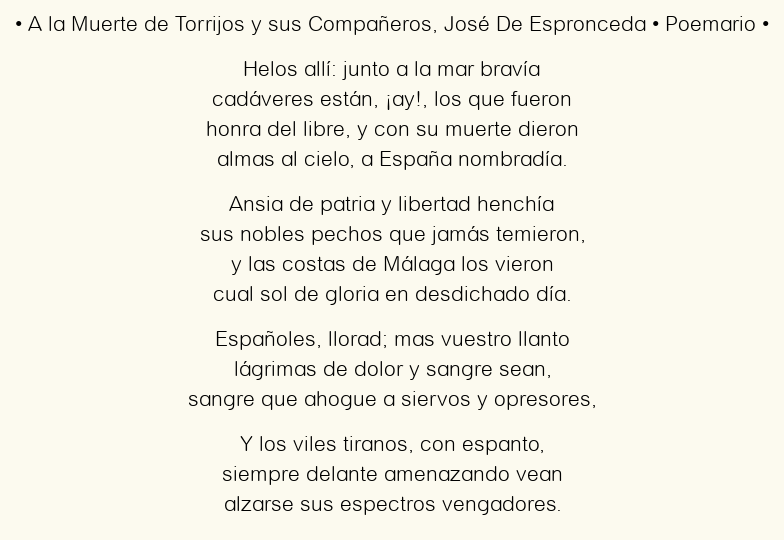 Imagen con el poema A la Muerte de Torrijos y sus Compañeros, por José De Espronceda