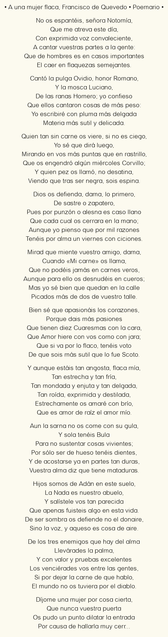 Imagen con el poema A una mujer flaca, por Francisco de Quevedo