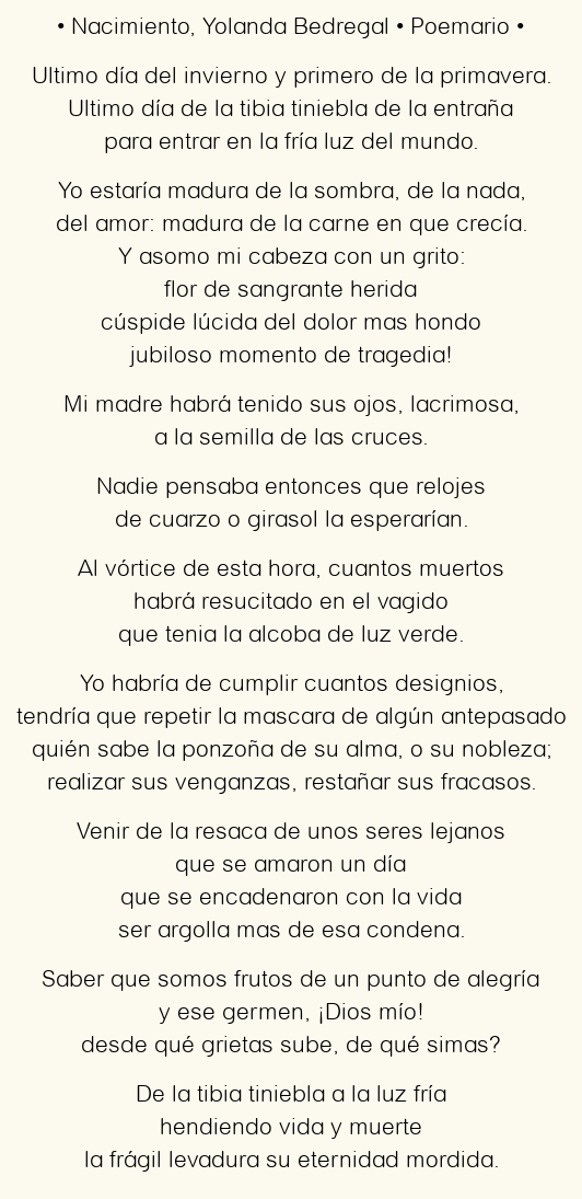 Imagen con el poema Nacimiento, por Yolanda Bedregal