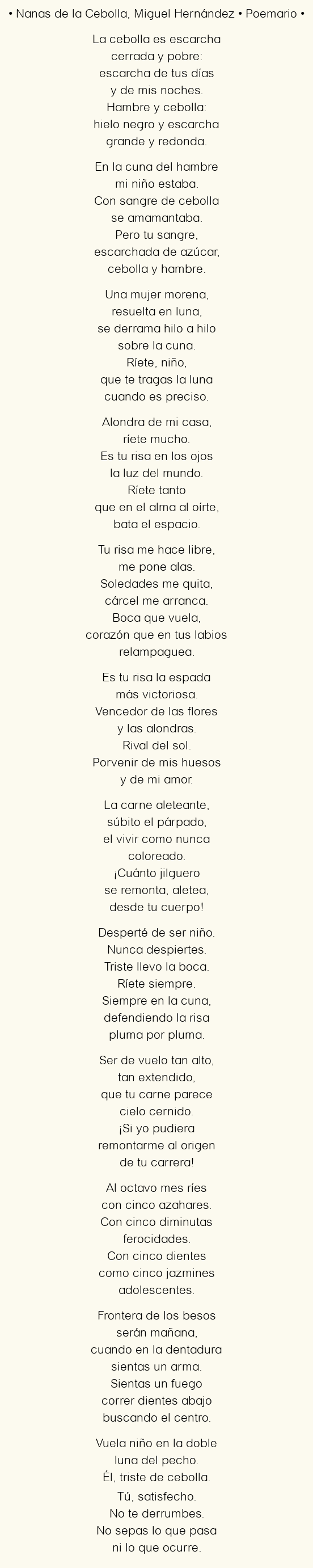 Imagen con el poema Nanas de la cebolla, por Miguel Hernández