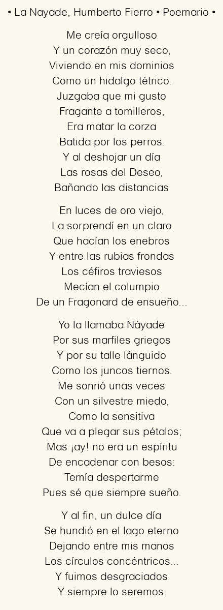 Imagen con el poema La Nayade, por Humberto Fierro