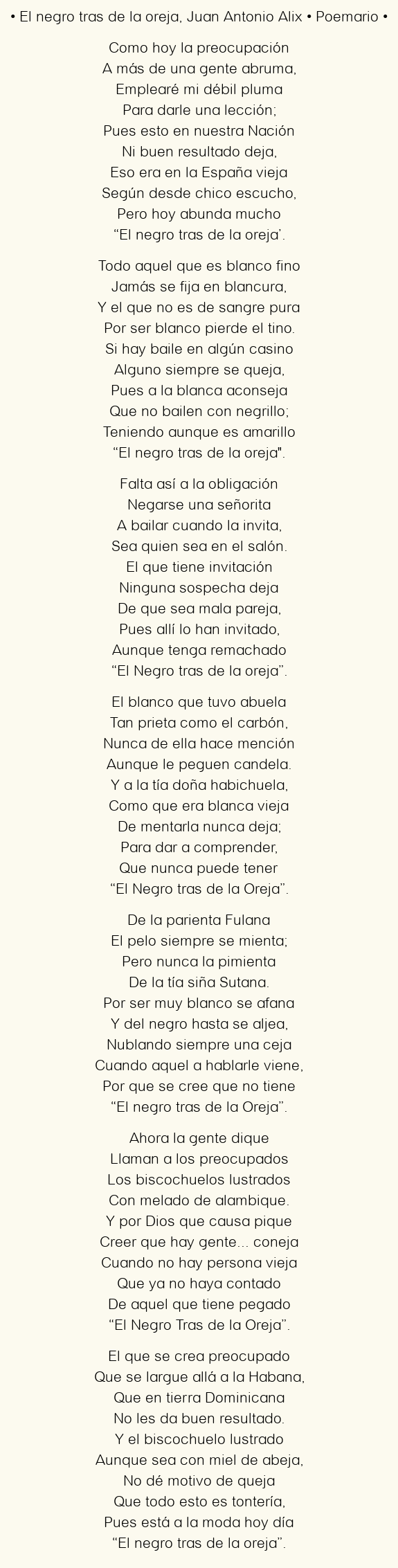 Imagen con el poema El negro tras de la oreja, por Juan Antonio Alix