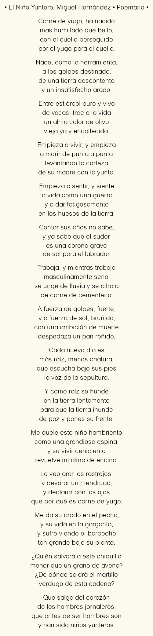 Imagen con el poema El Niño Yuntero, por Miguel Hernández