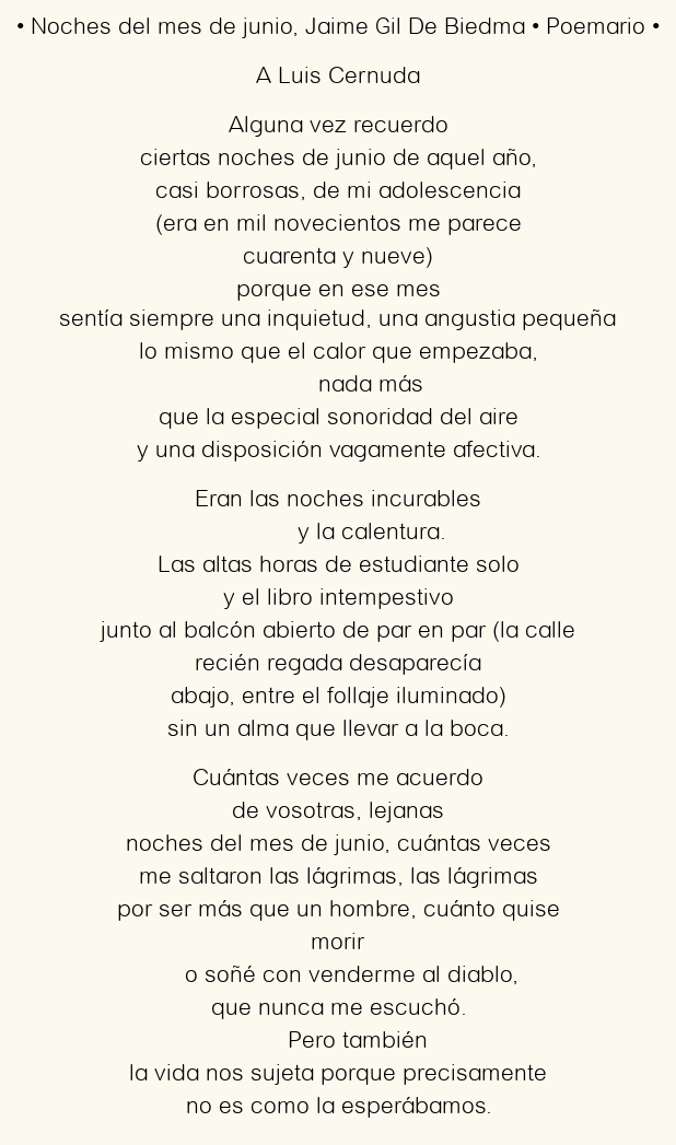 Imagen con el poema Noches del mes de junio, por Jaime Gil De Biedma
