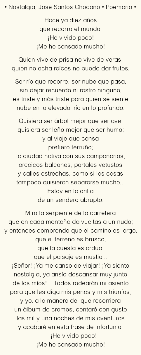 Imagen con el poema Nostalgia, por José Santos Chocano