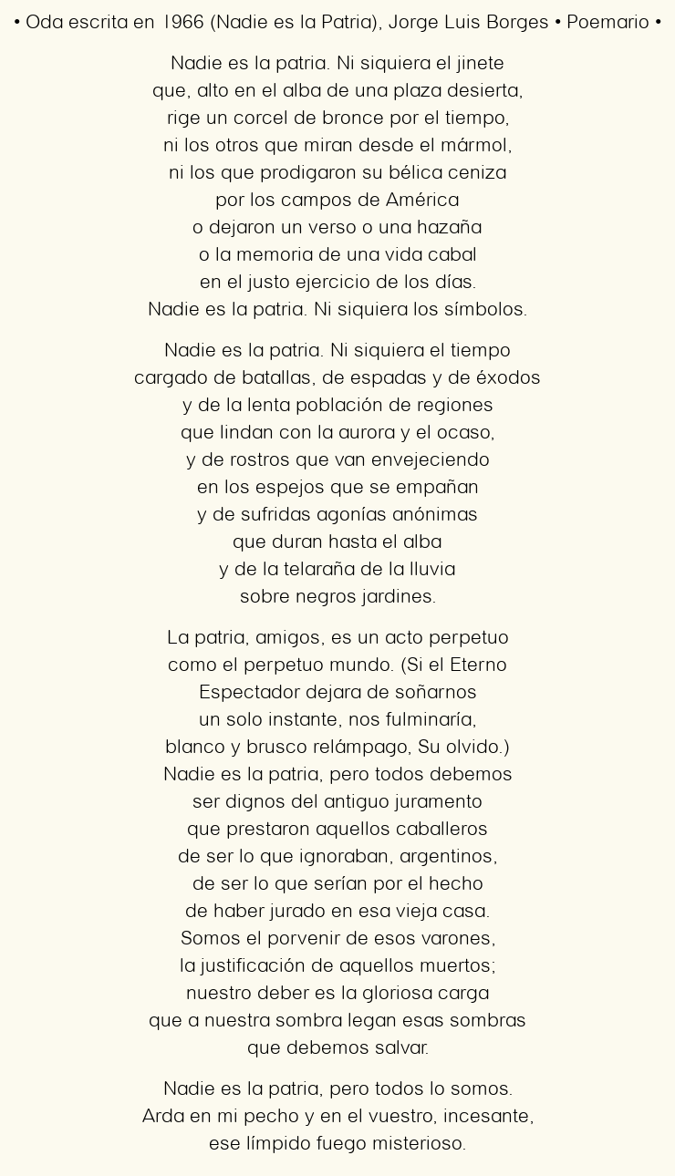 Imagen con el poema Oda escrita en 1966 (Nadie es la Patria), por Jorge Luis Borges