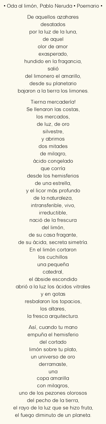 Imagen con el poema Oda al limón, por Pablo Neruda