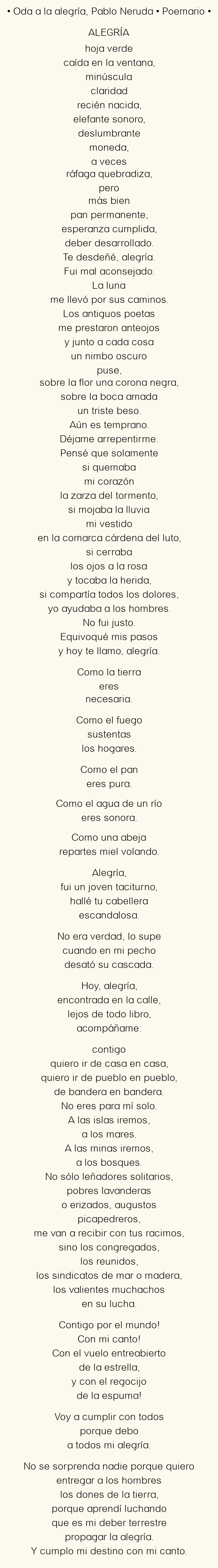 Imagen con el poema Oda a la alegría, por Pablo Neruda