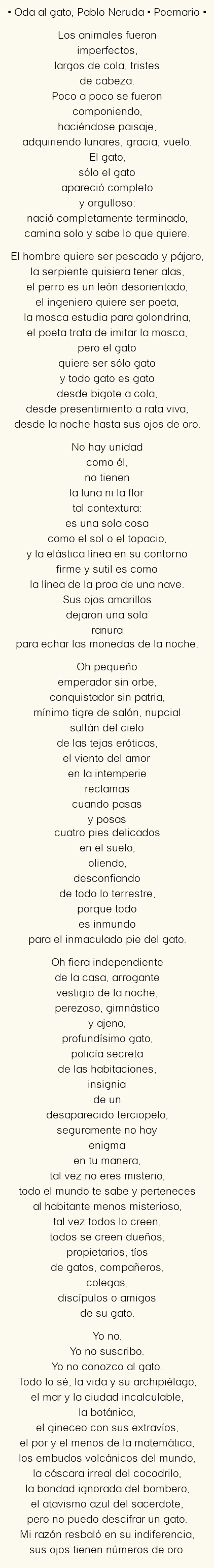 Imagen con el poema Oda al gato, por Pablo Neruda