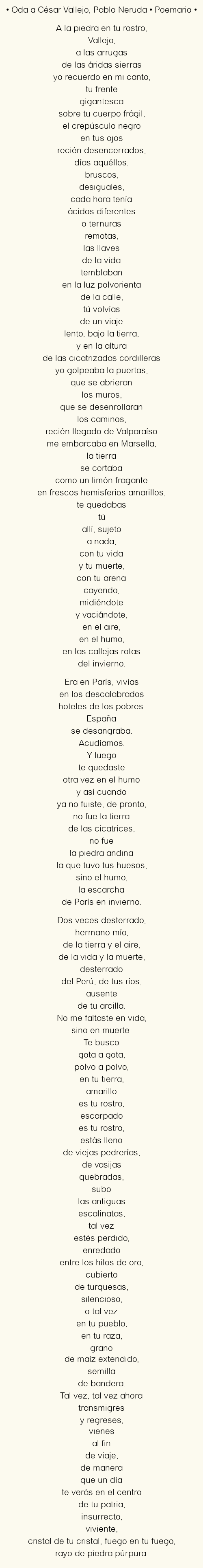 Imagen con el poema Oda a César Vallejo, por Pablo Neruda