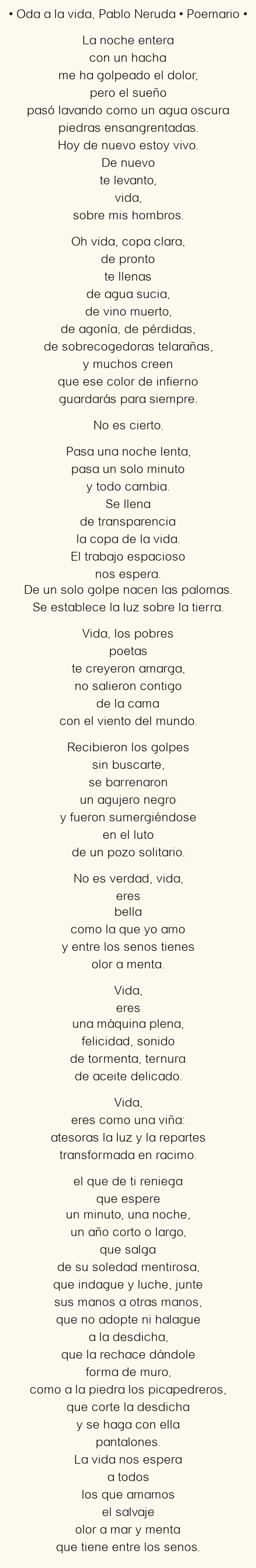Imagen con el poema Oda a la vida, por Pablo Neruda