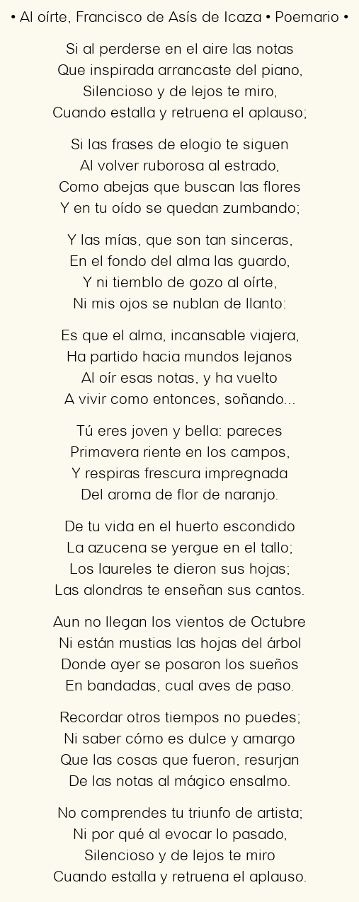 Imagen con el poema Al oírte, por Francisco de Asís de Icaza