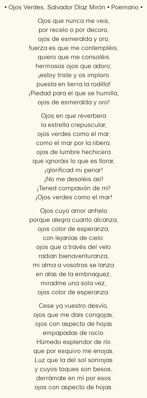 Imagen con el poema Ojos Verdes, por Salvador Díaz Mirón