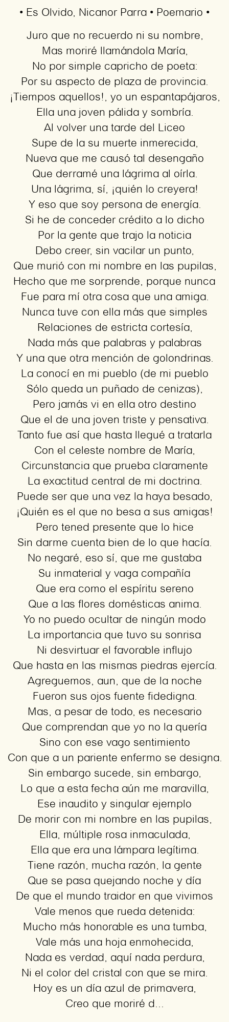 Imagen con el poema Es Olvido, por Nicanor Parra