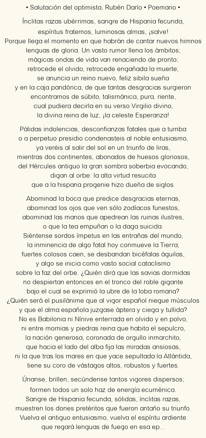 Imagen con el poema Salutación del optimista, por Rubén Darío