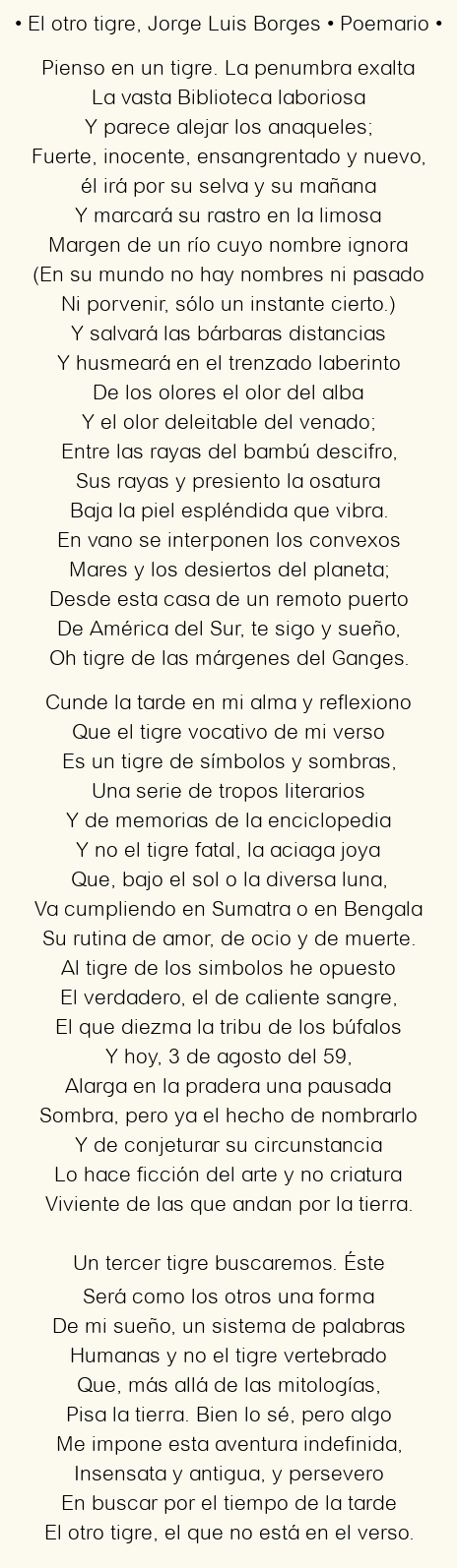 Imagen con el poema El otro tigre, por Jorge Luis Borges