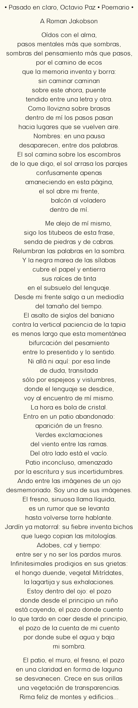 Imagen con el poema Pasado en claro, por Octavio Paz