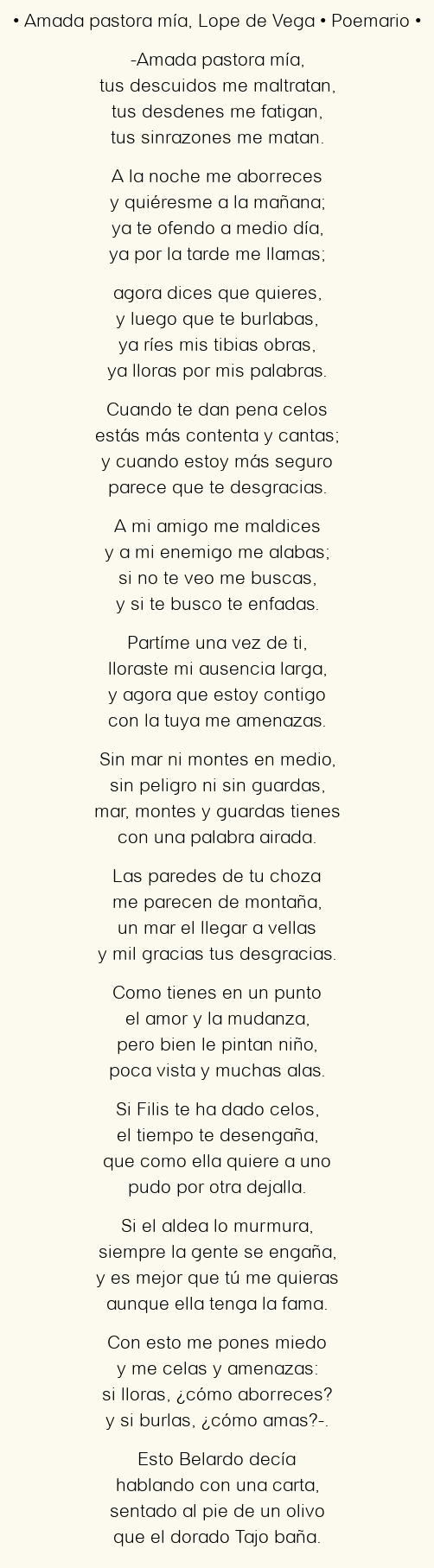 Imagen con el poema Amada pastora mía, por Lope de Vega