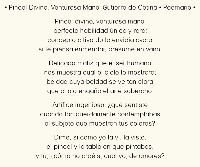 Imagen con el poema Pincel Divino, Venturosa Mano, por Gutierre de Cetina