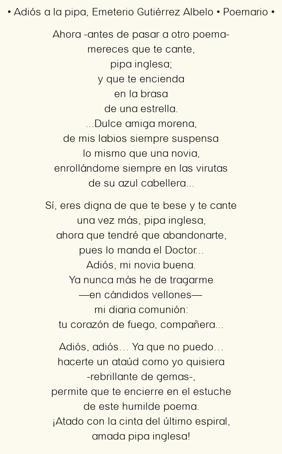 Imagen con el poema Adiós a la pipa, por Emeterio Gutiérrez Albelo