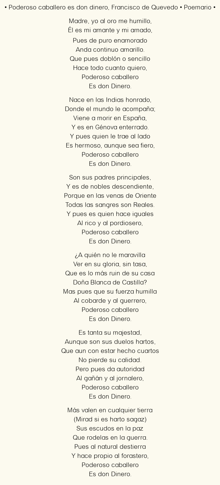 Imagen con el poema Poderoso caballero es don dinero, por Francisco de Quevedo