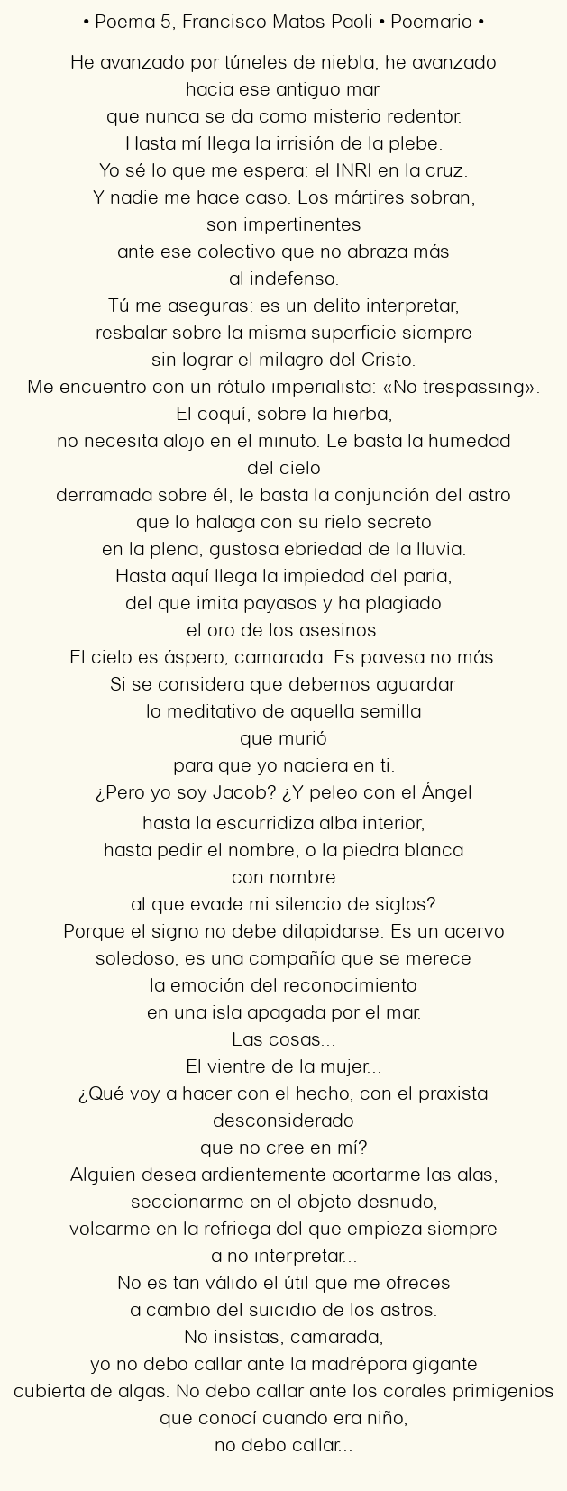 Imagen con el poema Poema 5, por Francisco Matos Paoli