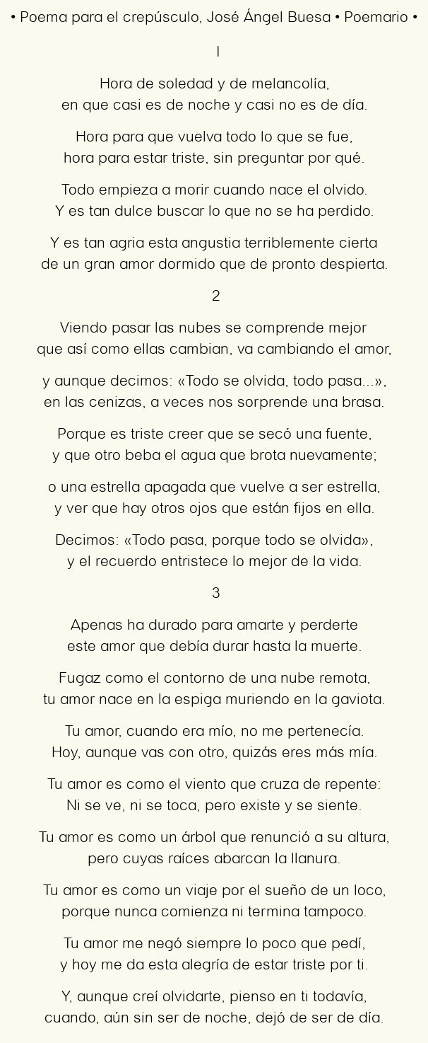 Imagen con el poema Poema para el crepúsculo, por José Ángel Buesa