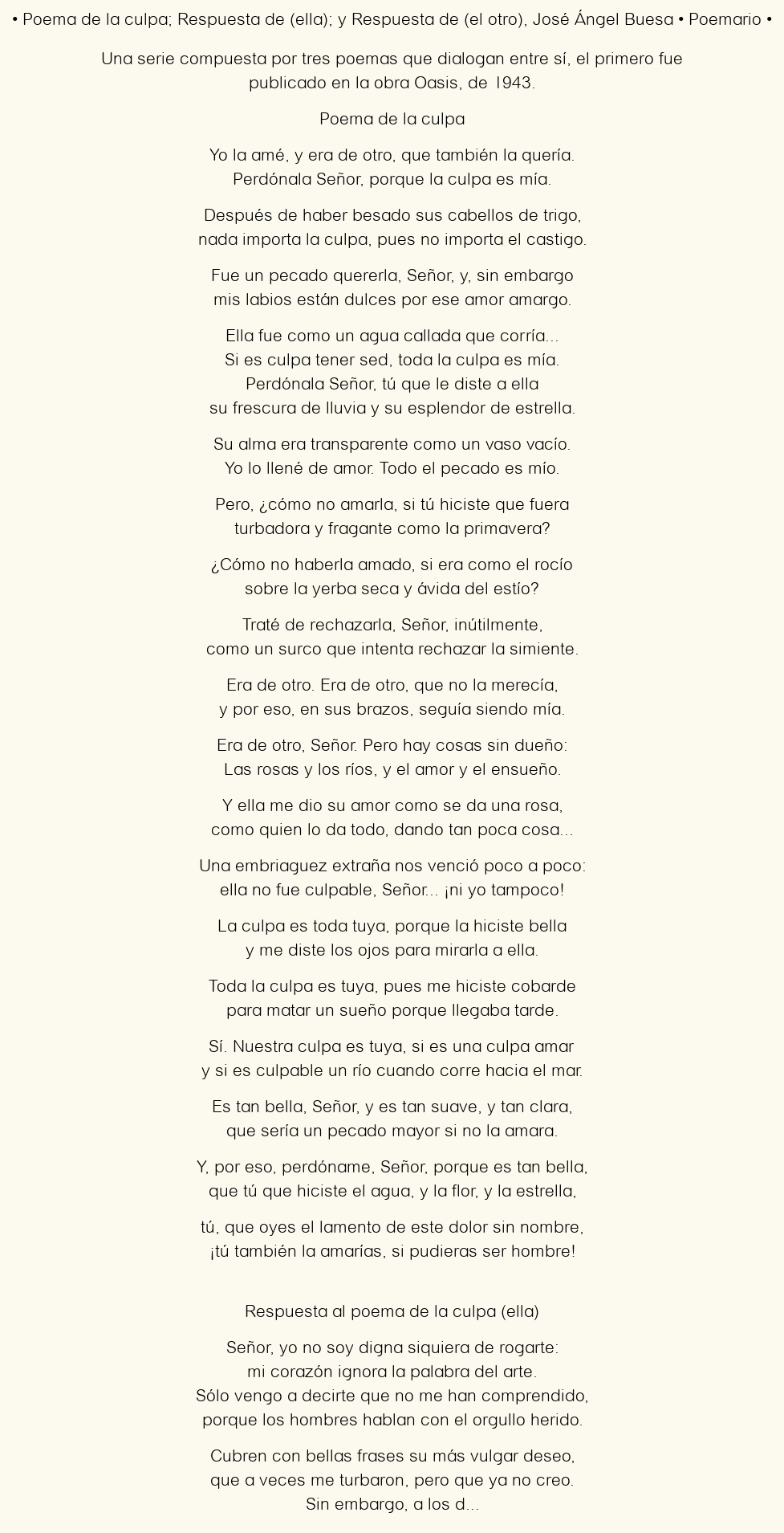 Imagen con el poema Poema de la culpa; Respuesta de (ella); y Respuesta de (el otro), por José Ángel Buesa
