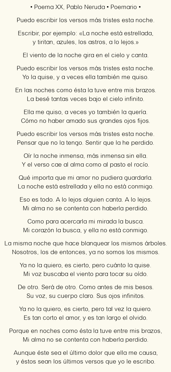 Imagen con el poema Poema XX, por Pablo Neruda