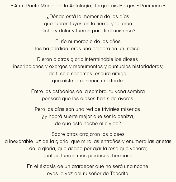 Imagen con el poema A un Poeta Menor de la Antología, por Jorge Luis Borges