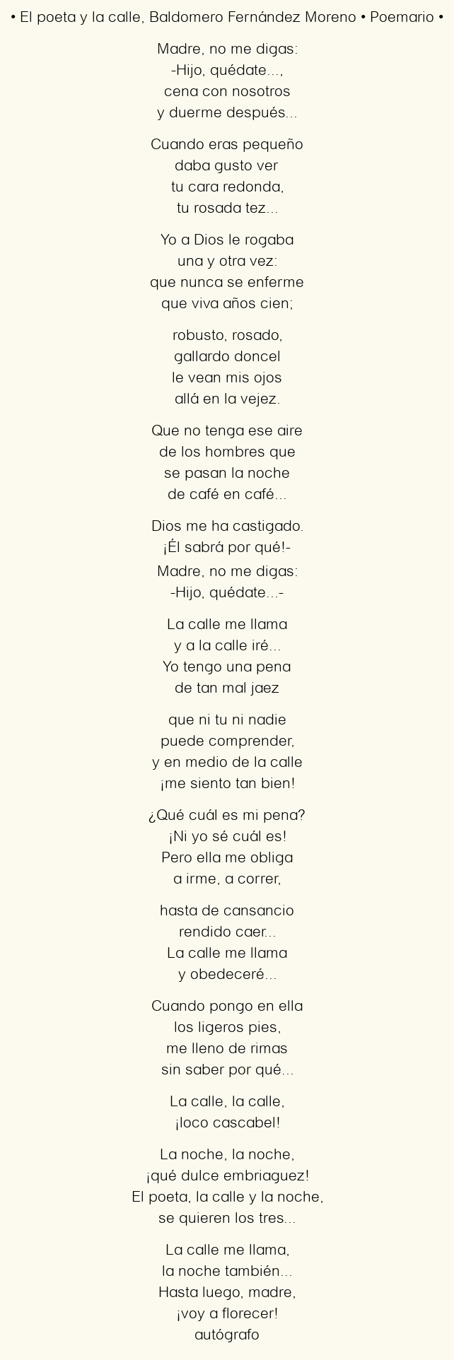Imagen con el poema El poeta y la calle, por Baldomero Fernández Moreno