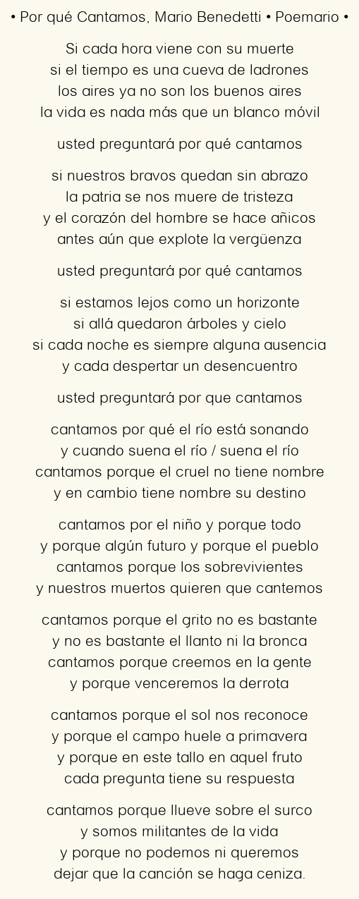 Imagen con el poema Por qué Cantamos, por Mario Benedetti