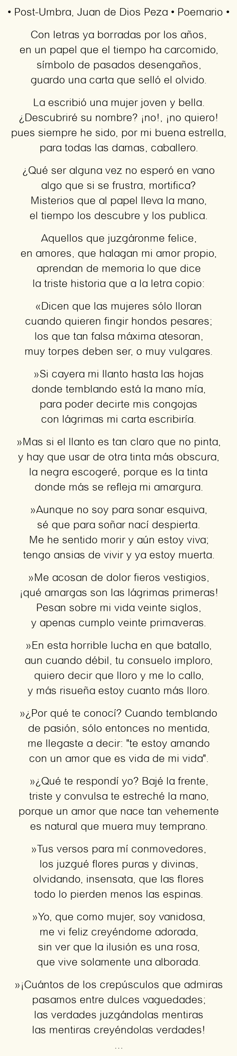 Imagen con el poema Post-umbra, por Juan de Dios Peza