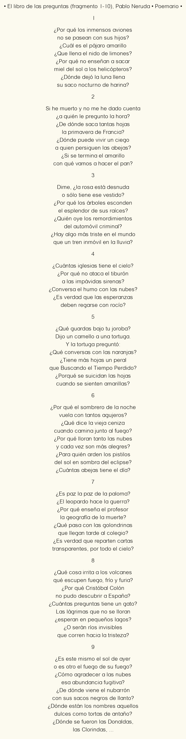 Imagen con el poema El libro de las preguntas (fragmento 1-10), por Pablo Neruda