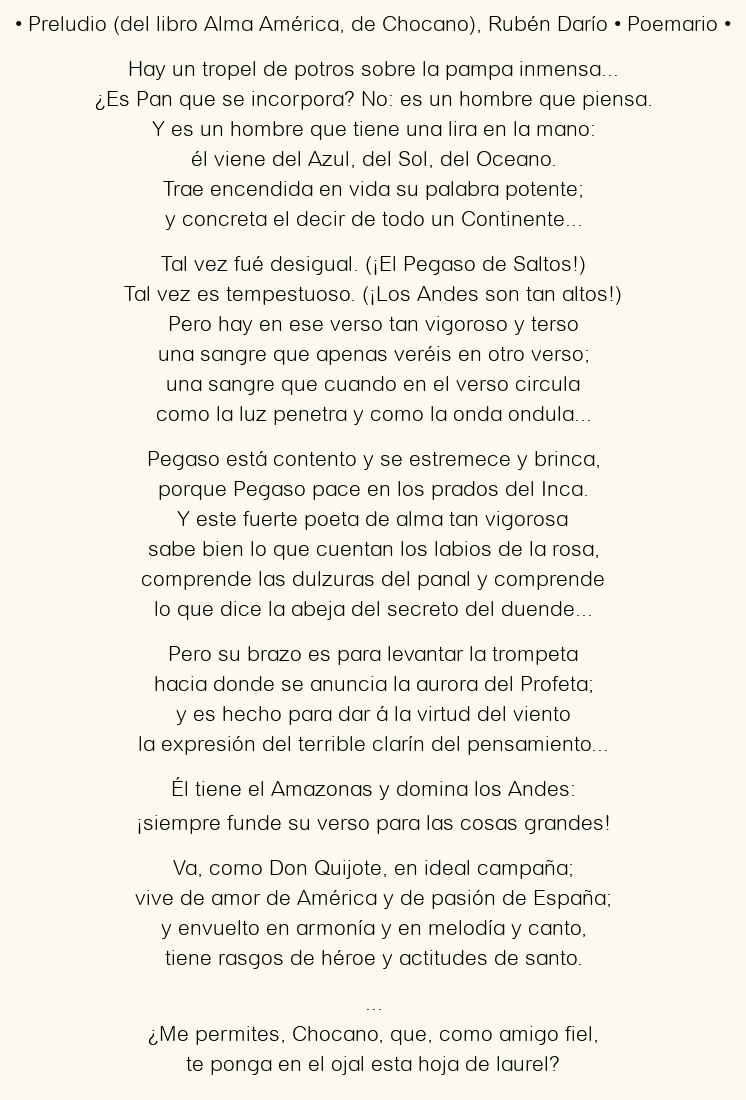 Imagen con el poema Preludio (del libro Alma América, de Chocano), por Rubén Darío
