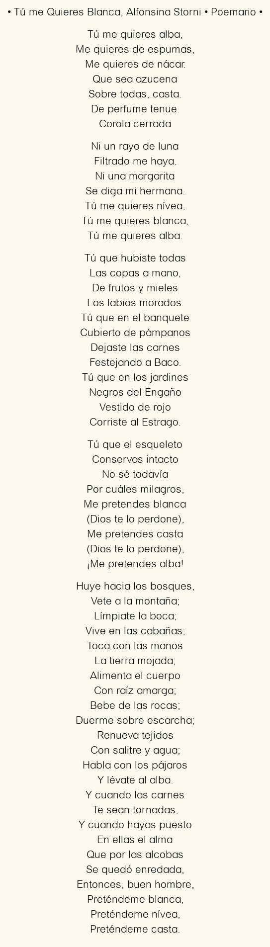 Imagen con el poema Tú me Quieres Blanca, por Alfonsina Storni