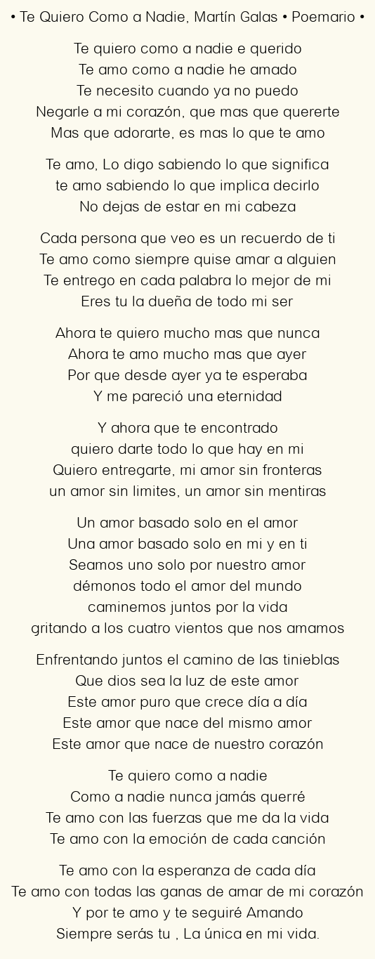 Imagen con el poema Te Quiero Como a Nadie, por Martín Galas