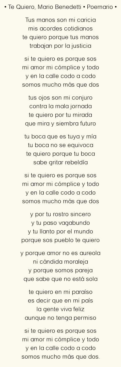 Imagen con el poema Te Quiero, por Mario Benedetti