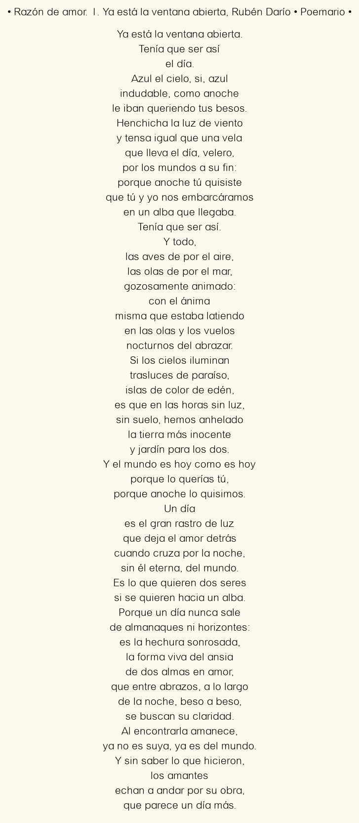 Imagen con el poema Razón de amor. 1. Ya está la ventana abierta, por Pedro Salinas