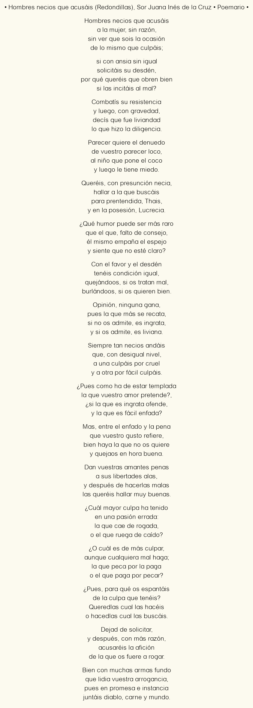 Imagen con el poema Hombres necios que acusáis (Redondillas), por Sor Juana Inés de la Cruz