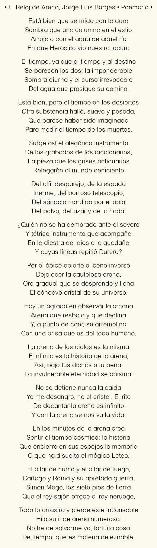 Imagen con el poema El Reloj de Arena, por Jorge Luis Borges