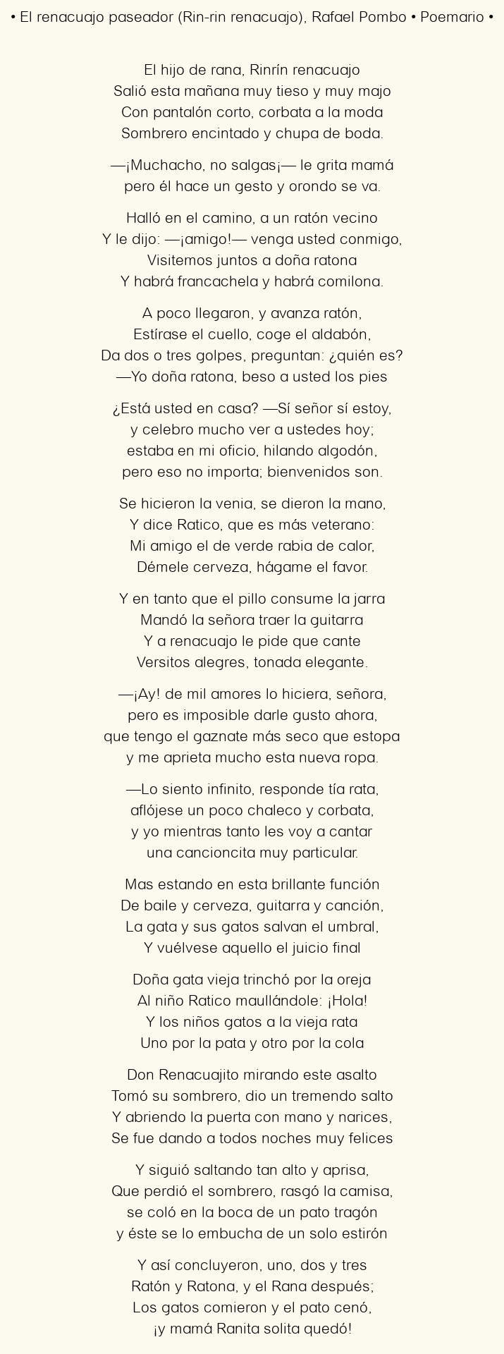 Imagen con el poema El renacuajo paseador (Rin-rin renacuajo), por Rafael Pombo