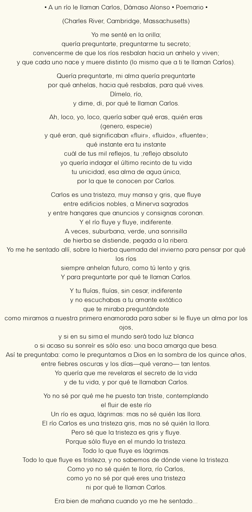 Imagen con el poema A un río le llaman Carlos, por Dámaso Alonso