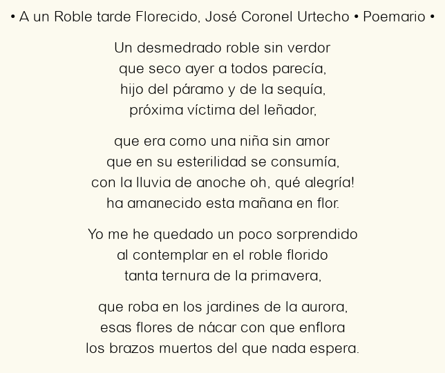 Imagen con el poema A un Roble tarde Florecido, por José Coronel Urtecho