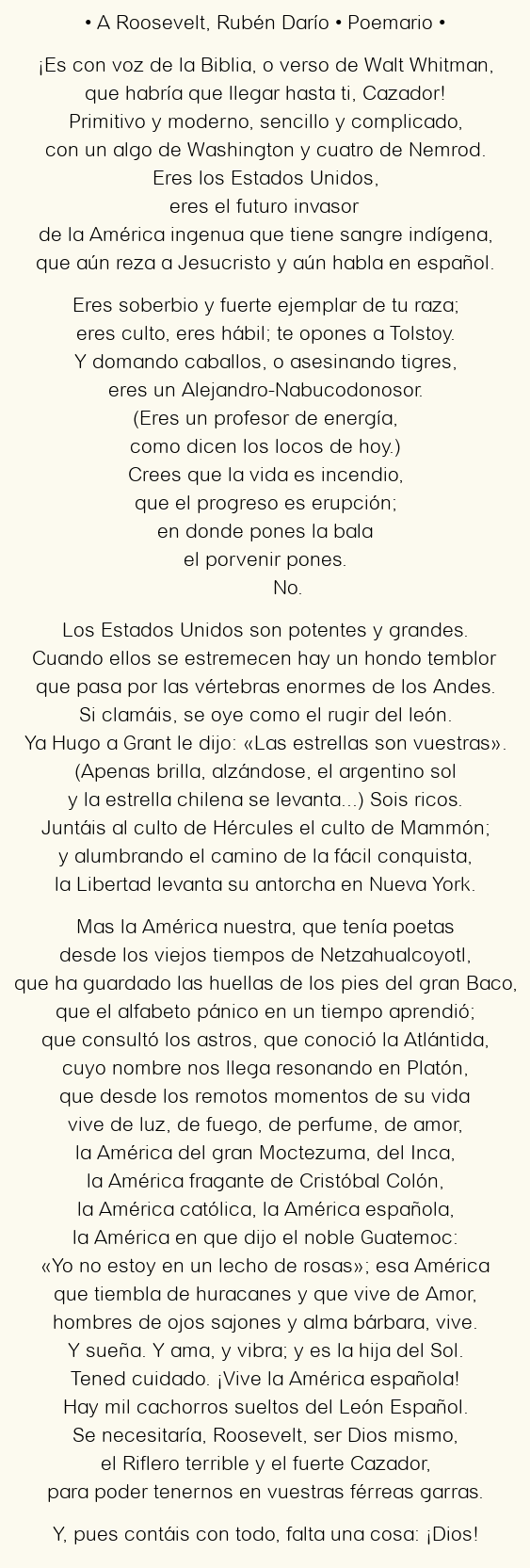 Imagen con el poema A Roosevelt, por Rubén Darío