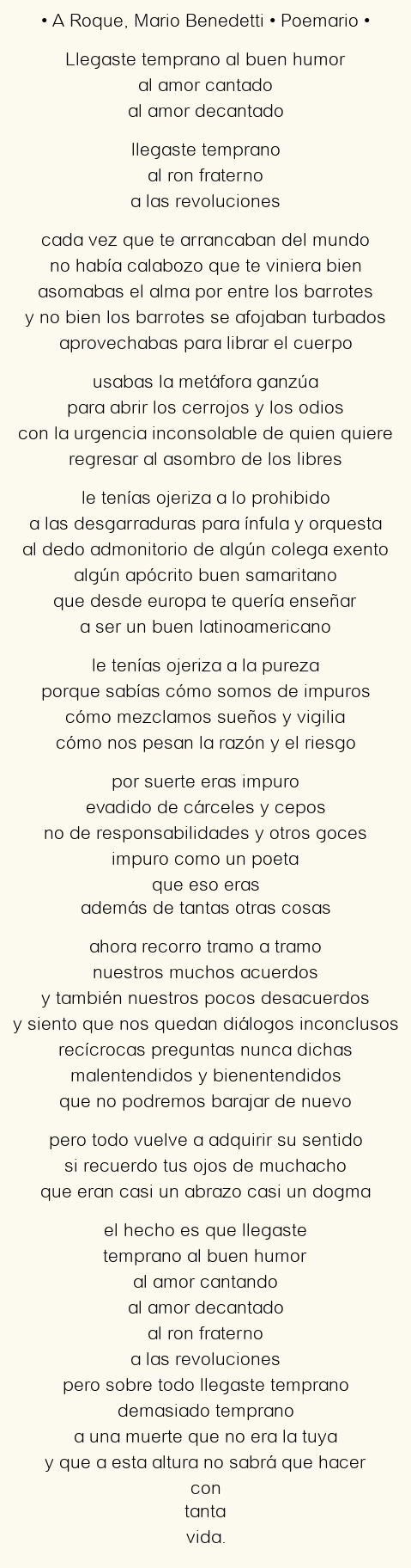 Imagen con el poema A Roque, por Mario Benedetti