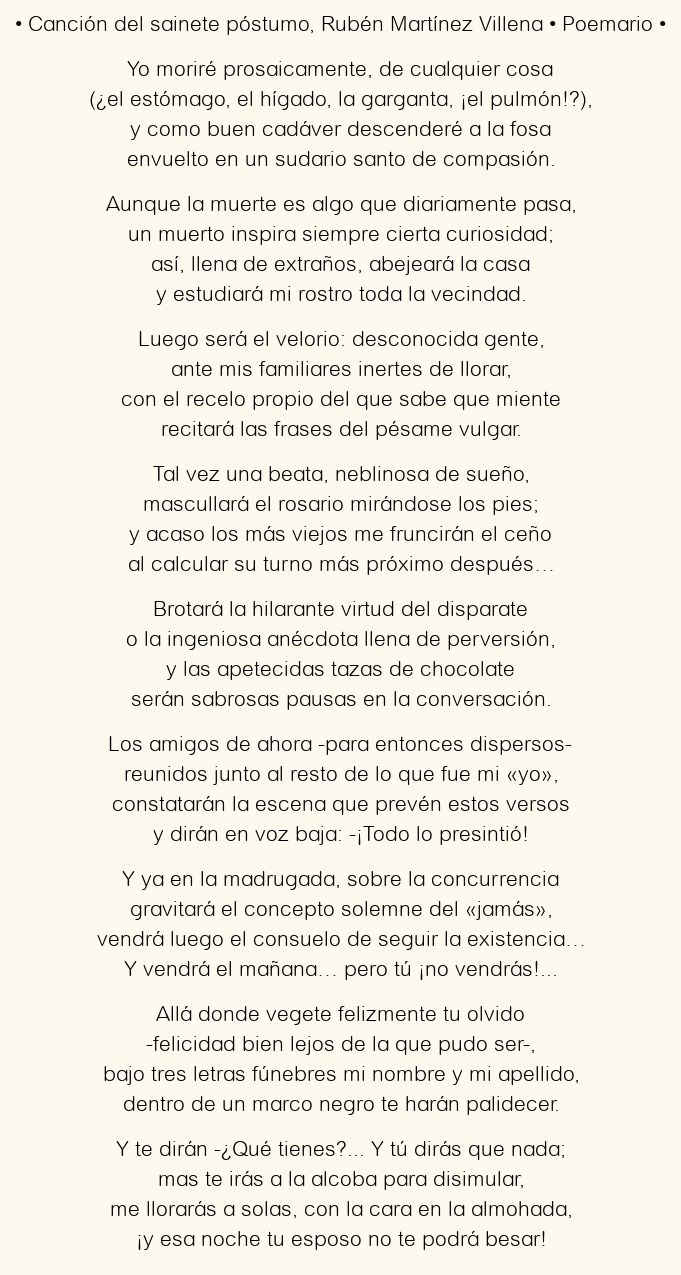 Imagen con el poema Canción del sainete póstumo, por Rubén Martínez Villena