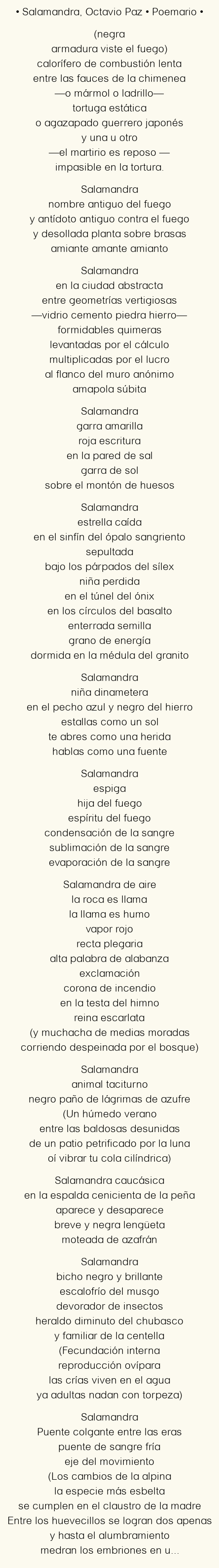 Imagen con el poema Salamandra, por Octavio Paz